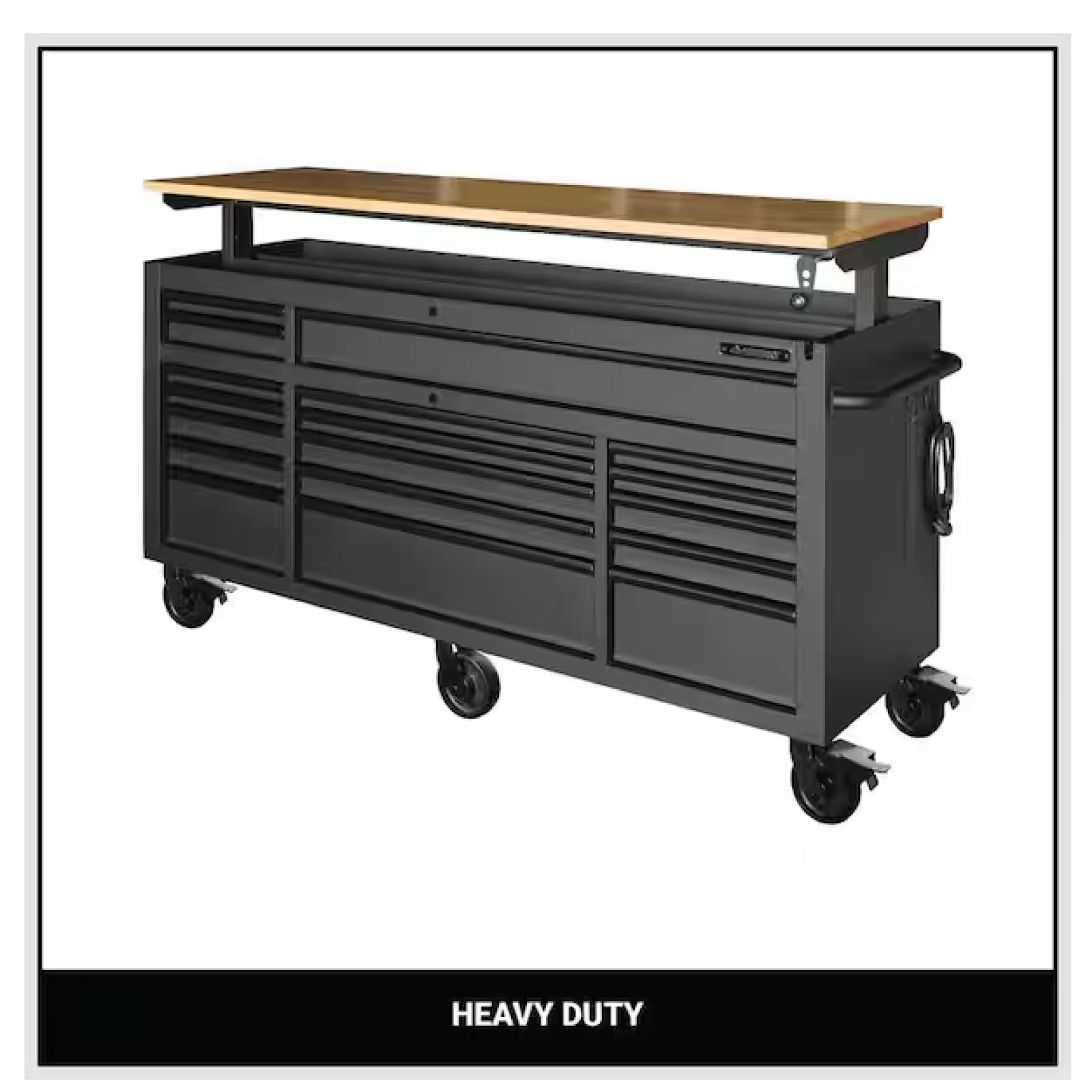 DALLAS LOCATION - Husky 72 in. W x 24 in. D Heavy Duty 18-Drawer Mobile Workbench Cabinet with Adjustable-Height Hardwood Top in Matte Black