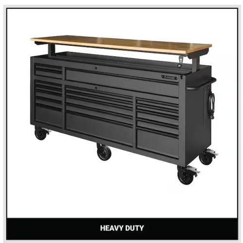 DALLAS LOCATION - Husky 72 in. W x 24 in. D Heavy Duty 18-Drawer Mobile Workbench Cabinet with Adjustable-Height Hardwood Top in Matte Black