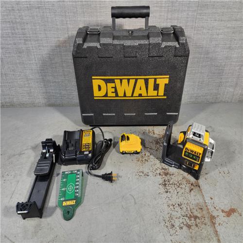 HOUSTON LOCATION - AS-IS DEWALT 12V MAX Lithium-Ion 100 Ft. Green Self-Leveling 3-Beam 360 Degree Laser Level with 2.0Ah Battery, Charger and Case