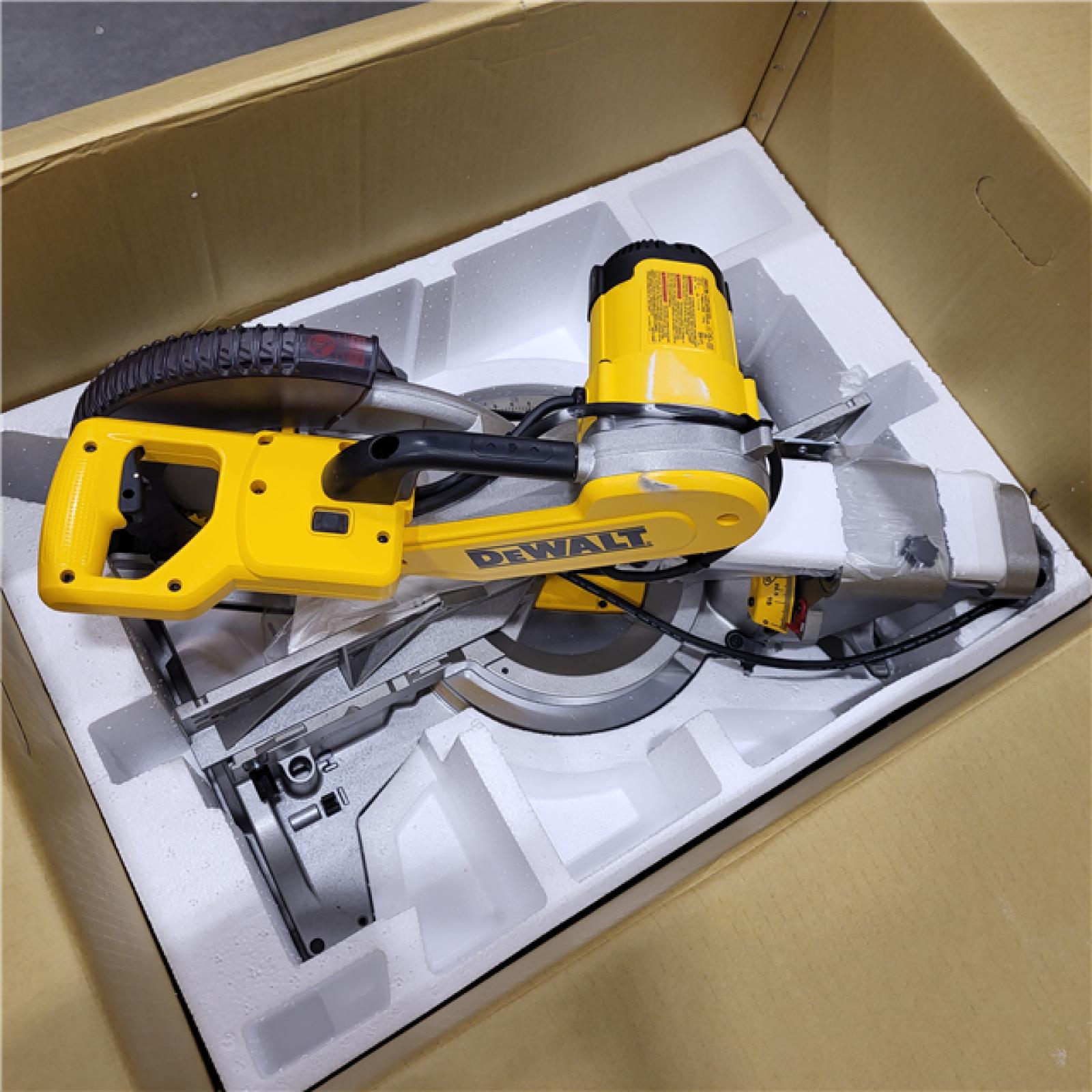 AS-IS DEWALT 15 Amp Corded 12 in. Double Bevel Sliding Compound Miter Saw with XPS Technology, Blade Wrench and Material Clamp